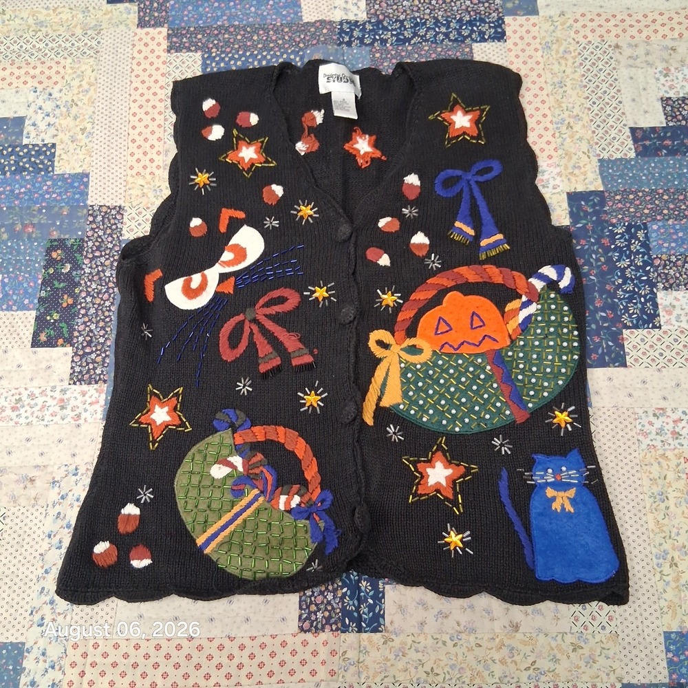 Vintage 90s Designers Originals Halloween Sweater Vest Womens S Black Cat Witch